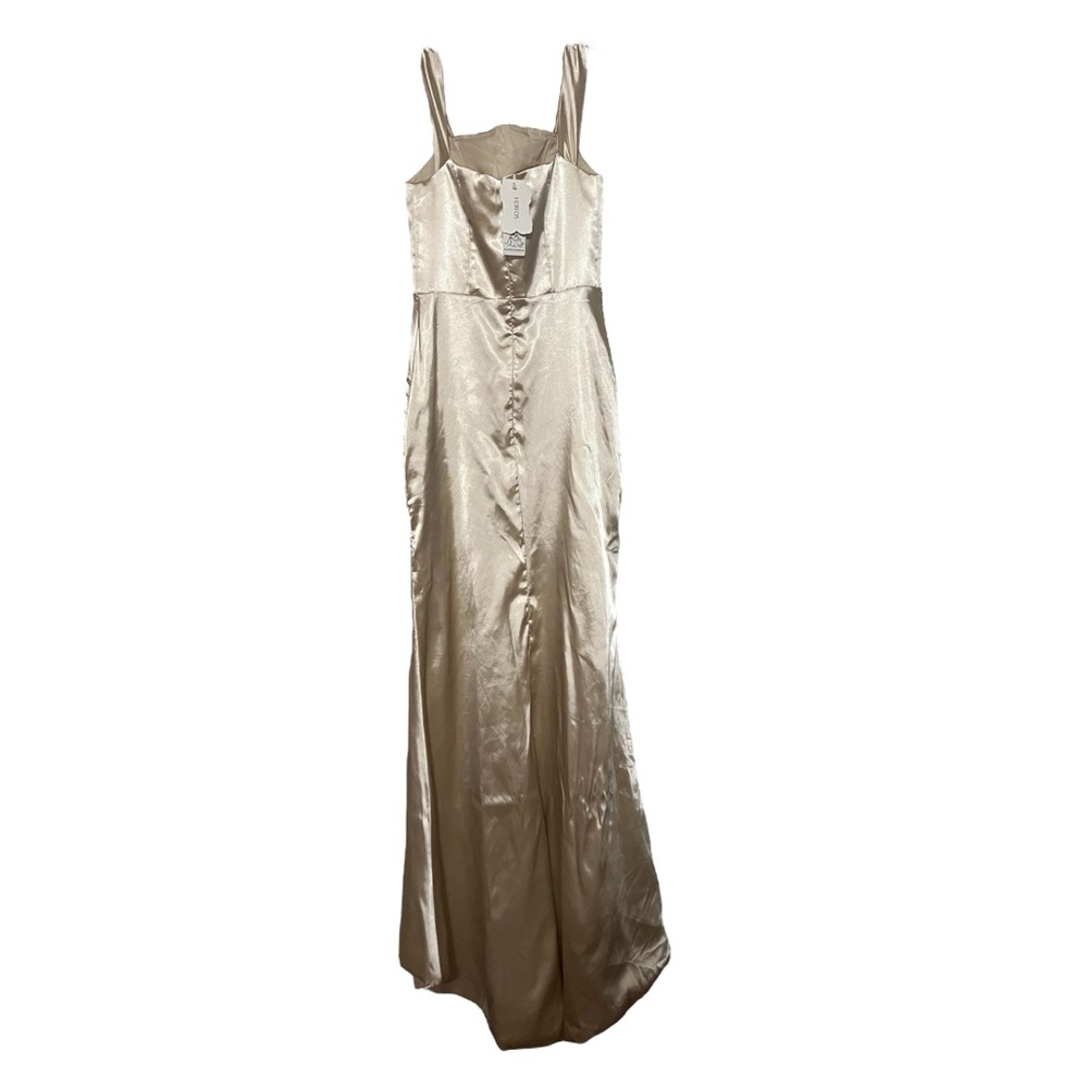 Hebeos Champagne Asymmetrical Lined High Slit Satin Sheen Dress NWT - Picture 5 of 15